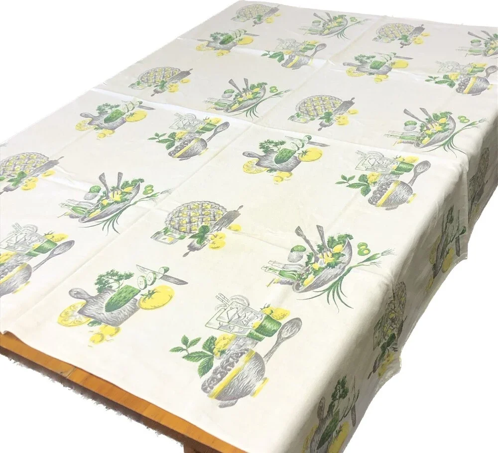 VTG Green & Yellow Food Printed 47.5” X 45.5” Mid Century 60s 70s Table Cloth